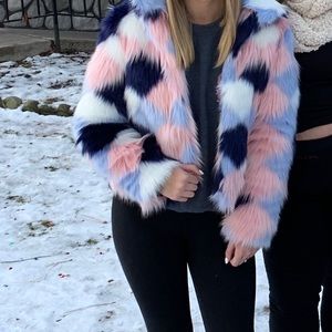 Colorblock faux fur coat!! Perfect for snowglobe!!